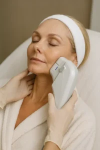 Woman receiving HIFU non surgical facelift treatment Windlesham