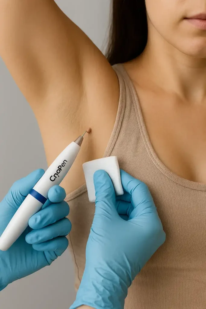 woman having cryopen to remove underarm skin tags Windlesham