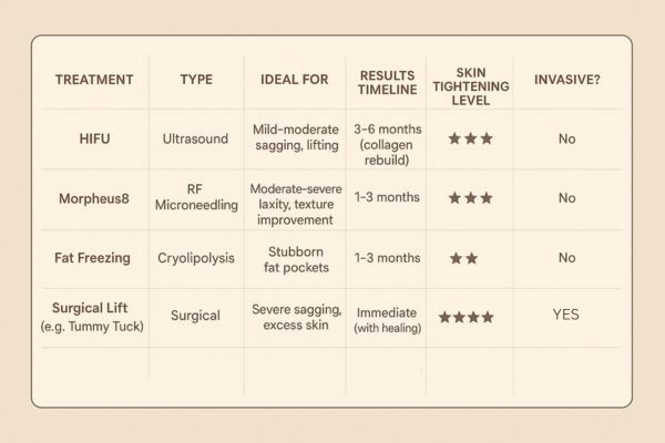 Table showing the comparisons of Skin tightening Windlesham treatment options. 
